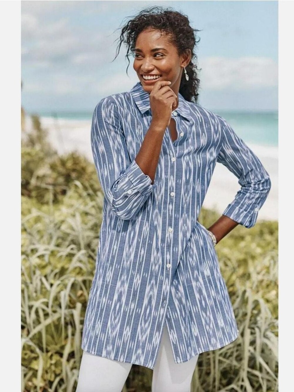 J. Jill Woven Shibori Tunic Top Size Small Button Front Pockets Ikat Boho